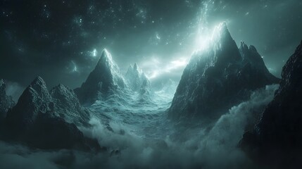 Poster - An ethereal sci-fi landscape featuring neon-lit mountains and floating particles in a vast digital realm. 4k resolution, cinematic scene