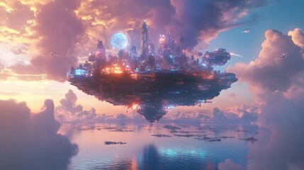 Poster - A floating, glowing city above a shimmering ocean, symbolizing sci-fi advancements and futuristic dreams. 4k resolution, cinematic scene
