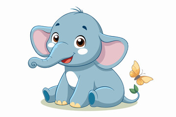 Wall Mural -  A baby elephant sitting in cute pose, with butterfly, on white background