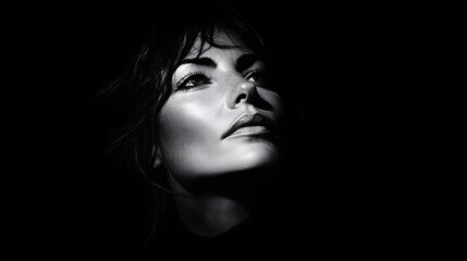 Poster - A high-contrast black-and-white portrait of a woman partially in shadow, her face illuminated by a single light source, capturing a moody and mysterious atmosphere. Cinematic Scene, 4k resolution,