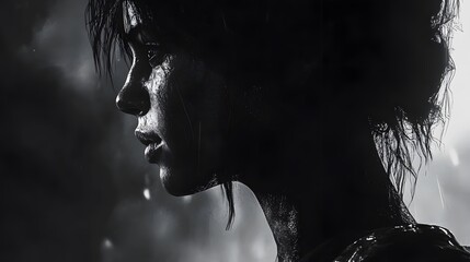 Poster - A black-and-white image of a woman in profile, her face obscured by shadows, with high contrast bringing out subtle textures. Cinematic Scene, 4k resolution, cinematic scene