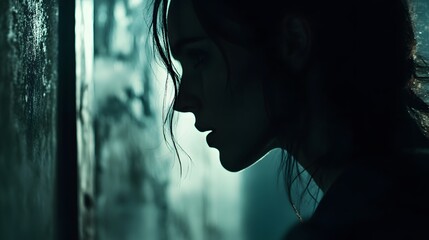 Poster - A high-contrast photo of a woman s silhouette against a dark, moody background, with only part of her face visible in the shadows. Cinematic Scene, 4k resolution, cinematic scene