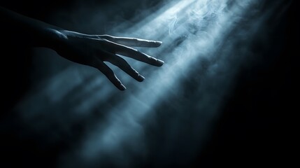 Poster - A high-contrast image of a woman s hand reaching into a beam of light in a dark room, evoking mystery and intrigue. Cinematic Scene, 4k resolution, cinematic scene