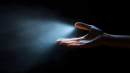 Poster - A high-contrast image of a woman s hand reaching into a beam of light in a dark room, evoking mystery and intrigue. Cinematic Scene, 4k resolution, cinematic scene