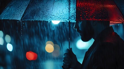 Poster - A man holding an umbrella in the rain, his face obscured in shadows, giving a moody and mysterious feel. Cinematic Scene, 4k resolution, cinematic scene