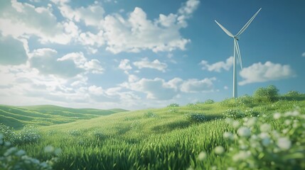 Poster - A wind turbine in a grassy field under a clear blue sky, with sharp details capturing the rotating blades and green landscape. Cinematic Scene, 4k resolution, cinematic scene