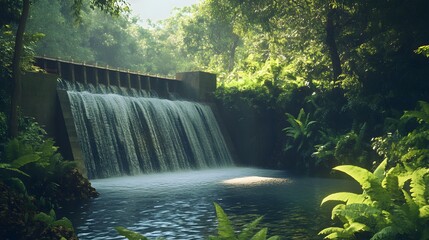 Poster - A small hydroelectric dam surrounded by lush greenery, with sharp detail on the water and plant life, illustrating sustainable energy practices. Cinematic Scene, 4k resolution, cinematic scene