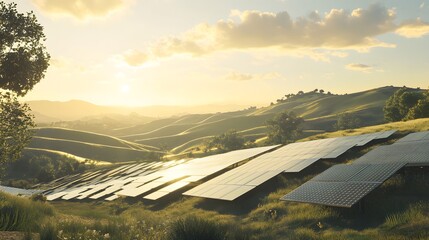 Wall Mural - Rows of solar panels on a sunny day, set against a backdrop of rolling hills, showcasing sustainable energy in a natural setting. Cinematic Scene, 4k resolution, cinematic scene