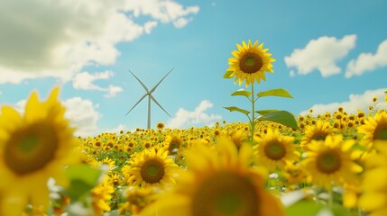 Poster - A single wind turbine in a sunflower field, highlighting sustainable energy production with vibrant colors and sharp details. Cinematic Scene, 4k resolution, cinematic scene