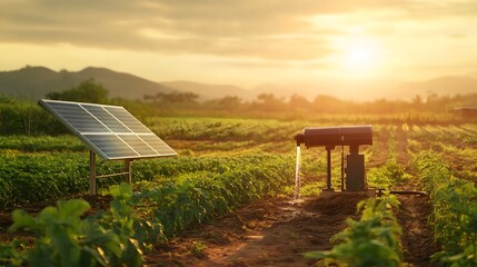 Poster - A solar-powered water pump in a remote agricultural field, symbolizing eco-friendly solutions in farming. Cinematic Scene, 4k resolution, cinematic scene