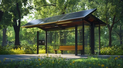 Poster - A solar-powered bus shelter in a green urban park, highlighting sustainable public transportation solutions. Cinematic Scene, 4k resolution, cinematic scene