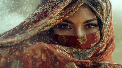 Aufkleber - A portrait of a woman in traditional attire integrated with 3D textures that enhance the fabric details, set against a 2D background representing her cultural heritage. 4k resolution, Cinematic Scene