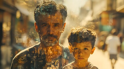 Poster - A layered photograph of a father and son, with the father in sharp 3D detail and the background of a bustling street in soft 2D illustration, symbolizing family bonds amidst cultural diversity. 4k