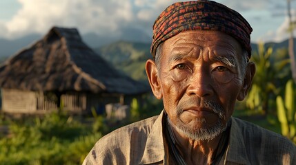 Poster - A 3D-rendered face of an elderly man in traditional clothing, with a 2D illustrated backdrop of his rural homeland, capturing the contrast between person and environment. 4k resolution, Cinematic