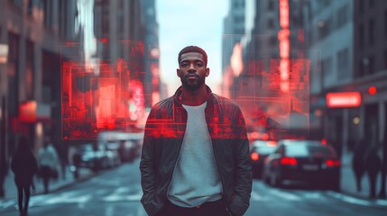 Aufkleber - A 3D portrait of a man standing in a city street with cultural symbols, set against a 2D overlay representing the social issues within his community. 4k resolution, Cinematic Scene