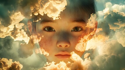 Poster - A 3D-rendered face of a child, with a backdrop of 2D illustrated clouds and cultural motifs, highlighting innocence and heritage. 4k resolution, Cinematic Scene