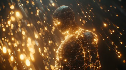 Poster - A futuristic 3D-rendered humanoid AI with intricate metallic detailing, set against a 2D background of glowing data streams. 4k resolution, Cinematic Scene