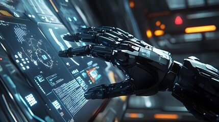 Poster - A sleek robotic hand reaching out in 3D, integrated with a 2D interface of holographic data points and digital symbols. 4k resolution, Cinematic Scene