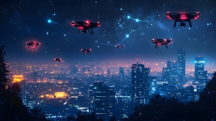 Poster - A futuristic cityscape with AI-driven drones in 3D, integrated into a 2D illustrated night sky filled with stars and data symbols. 4k resolution, Cinematic Scene