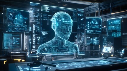 Poster - A digital assistant represented in 3D with a holographic headpiece, surrounded by 2D floating interface screens. 4k resolution, Cinematic Scene