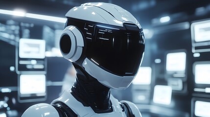 Poster - A digital assistant represented in 3D with a holographic headpiece, surrounded by 2D floating interface screens. 4k resolution, Cinematic Scene