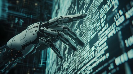 Poster - A close-up of a robotic hand, with 3D mechanical fingers and a 2D network of digital code floating in the background. 4k resolution, Cinematic Scene