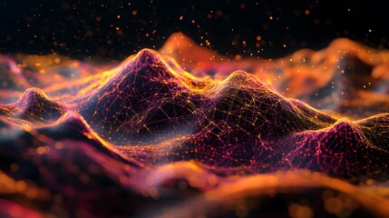 Poster - A 3D digital brain model with neural connections, layered over a 2D landscape of swirling data patterns. 4k resolution, Cinematic Scene