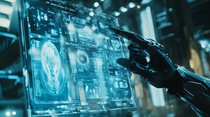 Poster - A robotic arm in 3D holding a transparent screen filled with 2D digital codes and futuristic designs. 4k resolution, Cinematic Scene