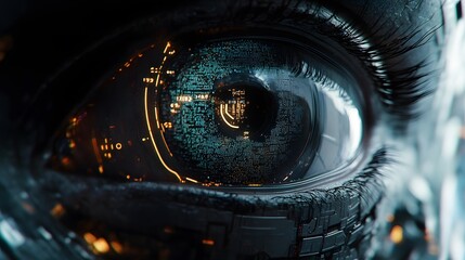 Aufkleber - A close-up of an AI eye with intricate 3D components, set against a 2D digital pattern of swirling data points. 4k resolution, Cinematic Scene