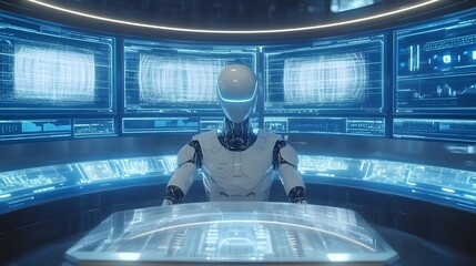 Poster - A futuristic AI lab with a 3D robot in the center, surrounded by 2D holographic screens displaying analytical data. 4k resolution, Cinematic Scene
