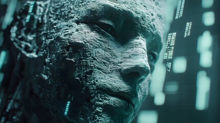 Aufkleber - A robotic face with intricate 3D details, integrated into a 2D background of floating code and abstract data symbols. 4k resolution, Cinematic Scene