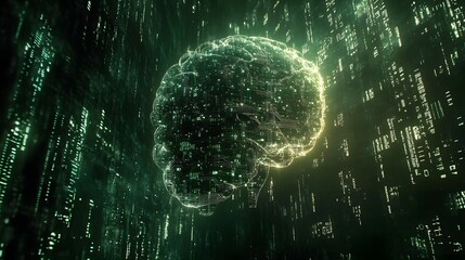 Poster - A 3D AI brain with glowing circuits, set against a 2D background of interconnected data nodes and symbols. 4k resolution, Cinematic Scene