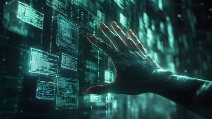 Poster - An AI hand in 3D, reaching towards floating 2D holograms depicting digital information and data streams. 4k resolution, Cinematic Scene