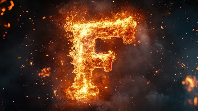 Letter F ignited in powerful flames, surrounded by bursts of fiery sparks against a dark backdrop.