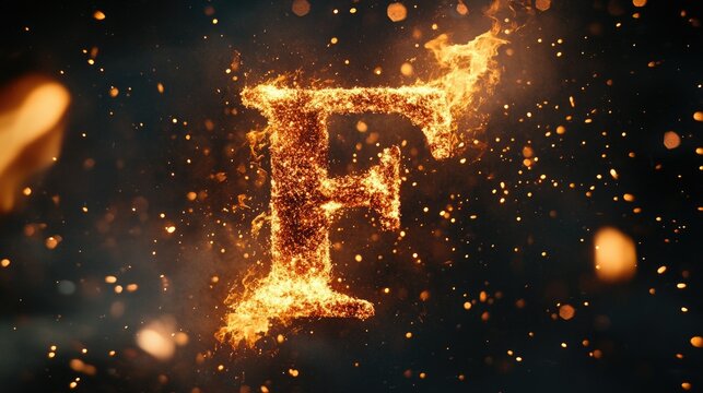 Letter F ignited in powerful flames, surrounded by bursts of fiery sparks against a dark backdrop.