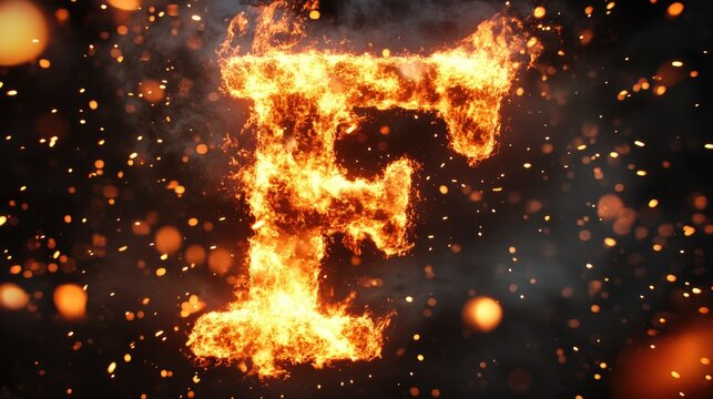 Letter F ignited in powerful flames, surrounded by bursts of fiery sparks against a dark backdrop.