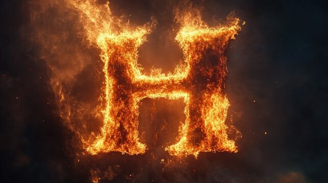 Letter H set ablaze with intense flames, glowing bright orange and yellow against a dark, smoky background.