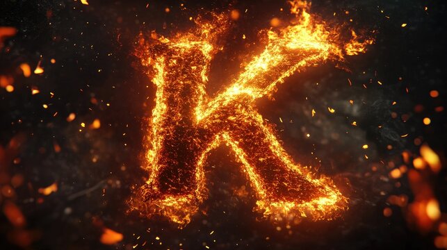 Letter K on fire, surrounded by flickering flames and glowing embers, set against a dark background.