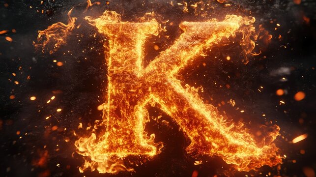 Letter K on fire, surrounded by flickering flames and glowing embers, set against a dark background.