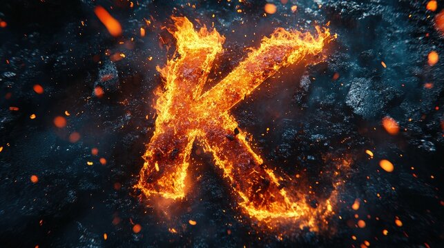 Letter K on fire, surrounded by flickering flames and glowing embers, set against a dark background.