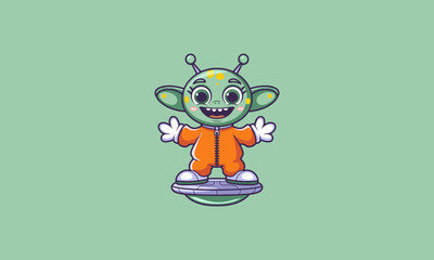 Wall Mural - Cheerful alien in orange suit on a hoverboard smiling.