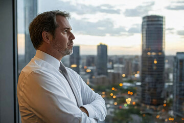 contemplative business man in high-rise office, staring at dark cityscape with a sense of failure an