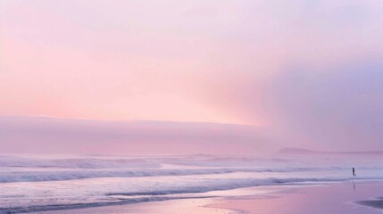 Poster - A serene beach with a person practicing tai chi at sunrise, with gentle waves and a soft pink sky, Wellness and nature scene