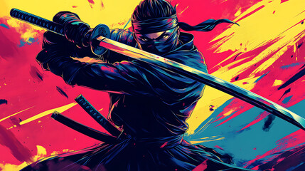 Ninja with katana sword in vintage graphic style