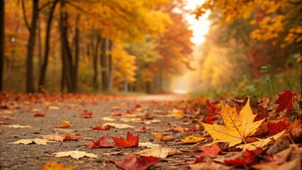 A road with autumn leaves on it and a red and yellow tree on the ground. Created through AI