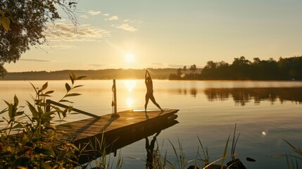 Poster - A serene outdoor yoga session by the lake at sunrise, representing the balance of wellness and nature, Outdoor yoga scene