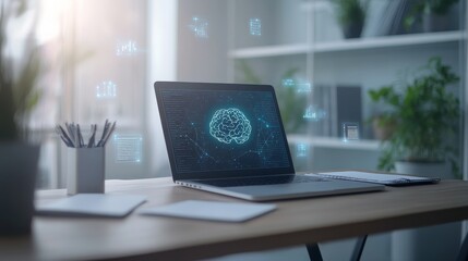 Aufkleber - A laptop displaying a digital brain concept on a desk surrounded by plants and stationery.