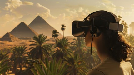 Poster - A student exploring virtual reality archaeological sites and ancient civilizations, symbolizing history and exploration in digital archaeology studies, Contemporary lifestyle scene