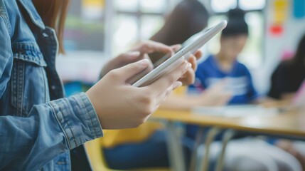 Aufkleber - A student using a digital tablet in a modern classroom, symbolizing education and technology in learning environments, Contemporary lifestyle scene