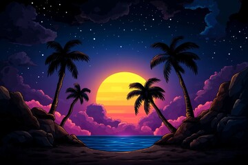 Poster - Pixel art of a colorful sunset over the ocean with 8-bit palm trees, retro gaming style
